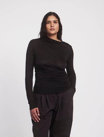 Iphis Draped Long Sleeve Top in Black