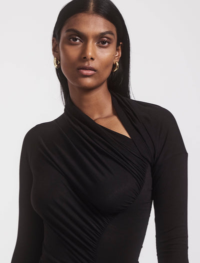 Close-up of JEANE TOP in Black, front detail