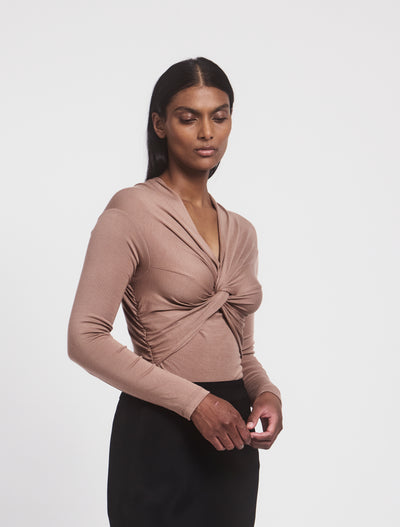 Vesta Micromodal Knot Long Sleeve Top in Sandalwood