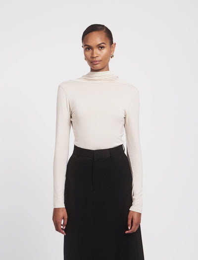 ANJEA TOP in Enoki Mushroom, front view with high neckline