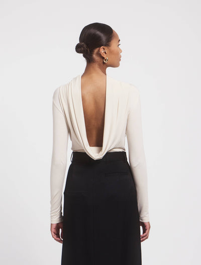 ANJEA TOP in Enoki Mushroom, back view showcasing open drape