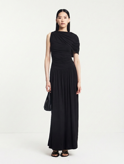 Mila Asym Caped Shoulder Maxi Dress in Black