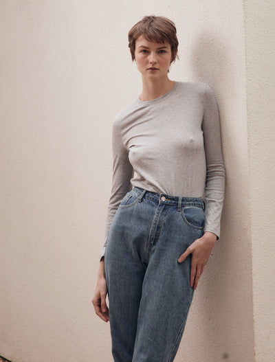 Lightweight Cotton Long Sleeve T-Shirt in Grey Marl