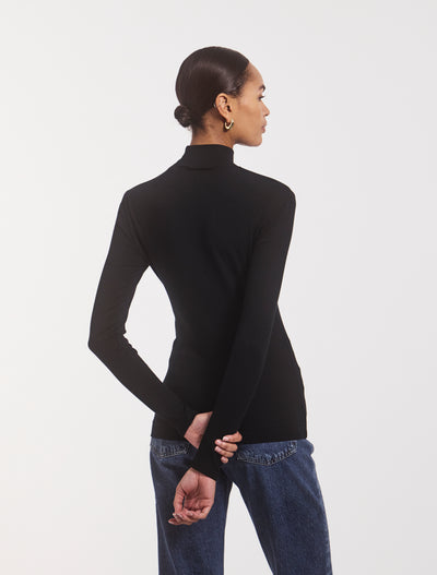 Classic Rib High Neck Top in Black