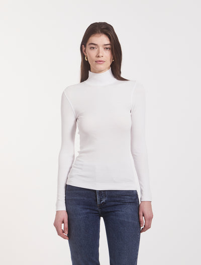 Classic Rib High Neck Top in White