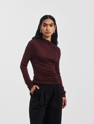 Iphis Draped Long Sleeve Top in Bordeaux
