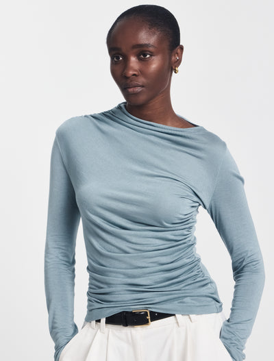 Iphis Draped Long Sleeve Top in Powder Blue