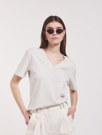 Compact Cotton V Neck T-shirt in Light Grey Marl