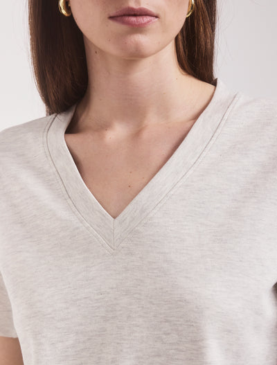 Compact Cotton V Neck T-shirt in Light Grey Marl