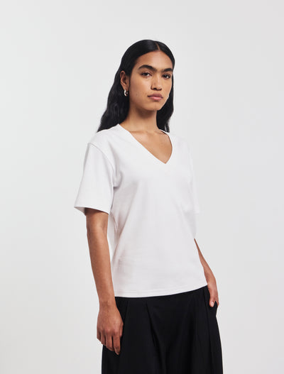 Compact Cotton V Neck T-shirt in White