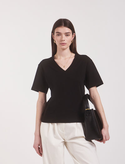 Compact Cotton V Neck T-shirt in Black