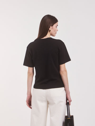 Compact Cotton V Neck T-shirt in Black