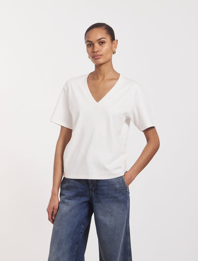 Compact Cotton V Neck T-shirt in Off White