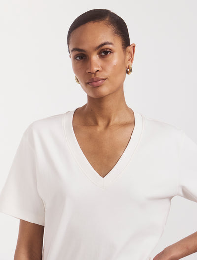 Compact Cotton V Neck T-shirt in Off White