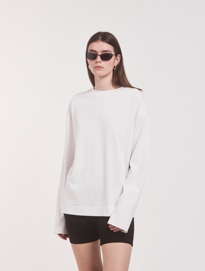 Compact Cotton Boyfriend Long Sleeve T-Shirt in White