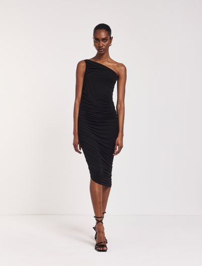 Aisha Ruched Midi Dress in Black