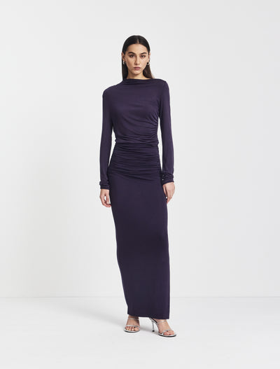 Leah Ruched Maxi Skirt in Aubergine