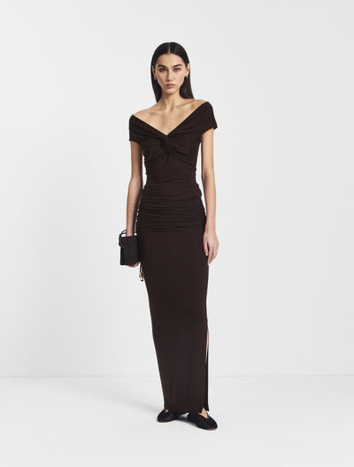 Leah Ruched Maxi Skirt in Bitter Chocolate