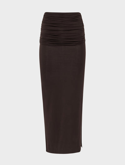 Leah Ruched Maxi Skirt in Bitter Chocolate