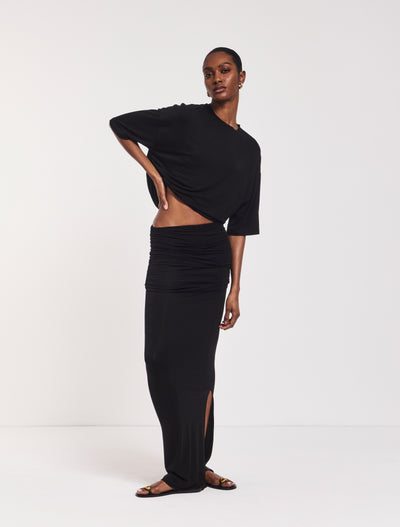 Leah Ruched Maxi Skirt in Black