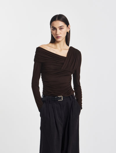 Corey Ruched Long Sleeve Top in Bitter Chocolate