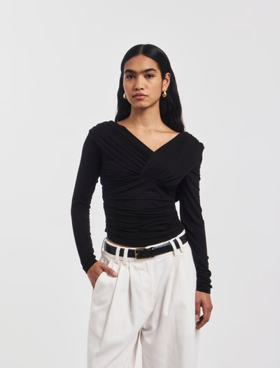 Corey Ruched Long Sleeve Top in Black