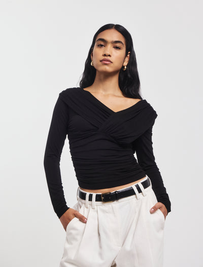 Corey Ruched Long Sleeve Top in Black