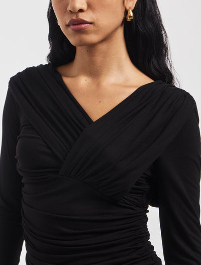Corey Ruched Long Sleeve Top in Black