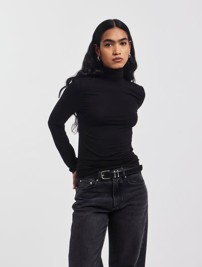 Soft Roll Neck Long Sleeve Top in Black