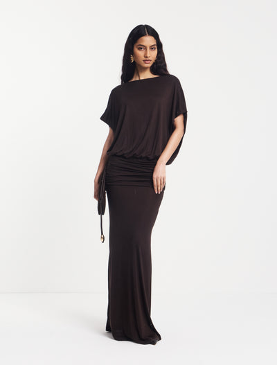 Ramona Blouson Maxi Dress With Full Hem in Bitter Chocolate