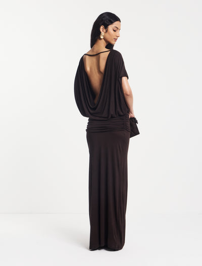 Ramona Blouson Maxi Dress With Full Hem in Bitter Chocolate