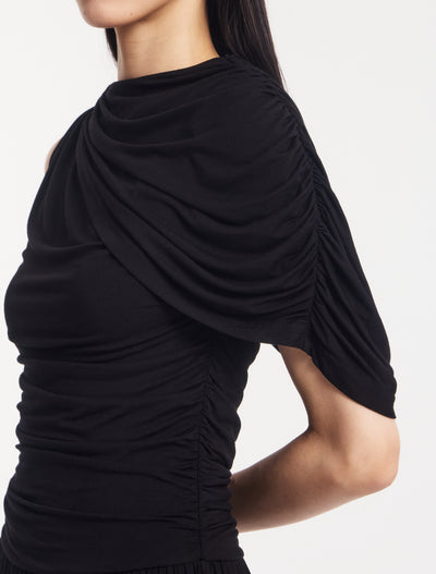 Mila Asym Caped Shoulder Maxi Dress in Black