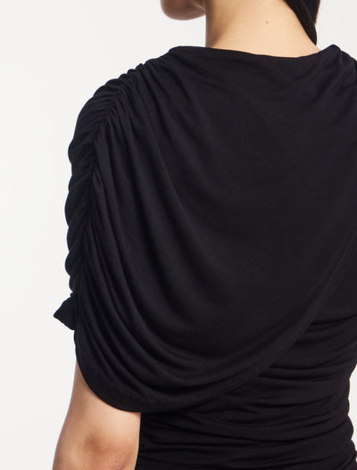 Mila Asymmetrical Caped Shoulder Maxi Dress in Black