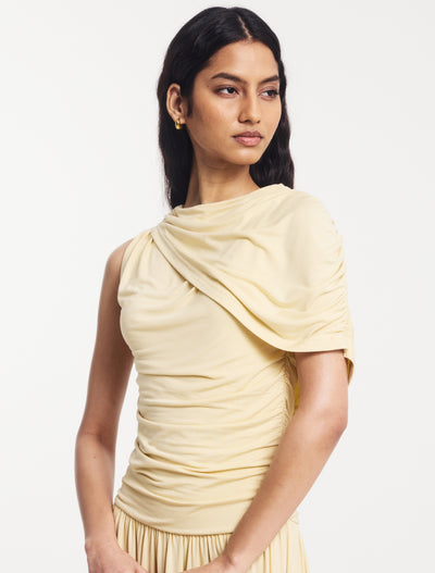 Mila Asymmetrical Caped Shoulder Maxi Dress in Butter Milk