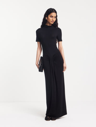 Nell Sarong Skirt Funnel Neck Dress in Black