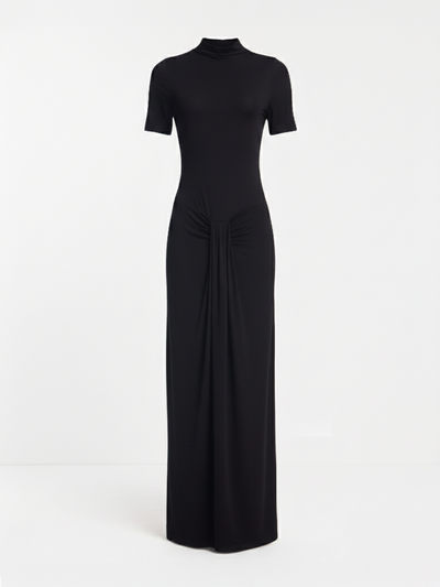 Nell Sarong Skirt Funnel Neck Dress in Black