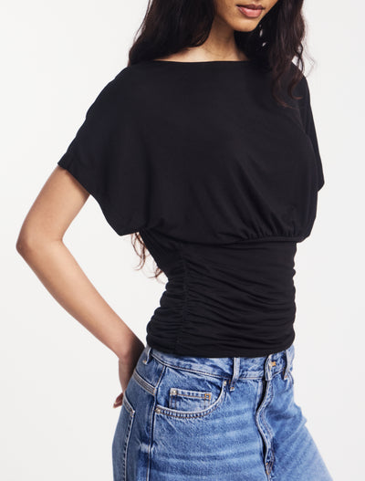 Amelie Slash Neck Gathered Side Top Black