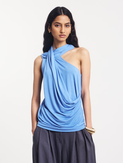 Zora Drape High Neck Top in Cornflower