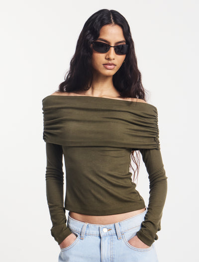 Stevie Rib LS Fold Over Top in Leaf Green