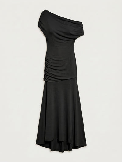 Lulu Asym Sleeve Tee Column Dress With Asym Ruchng In Black