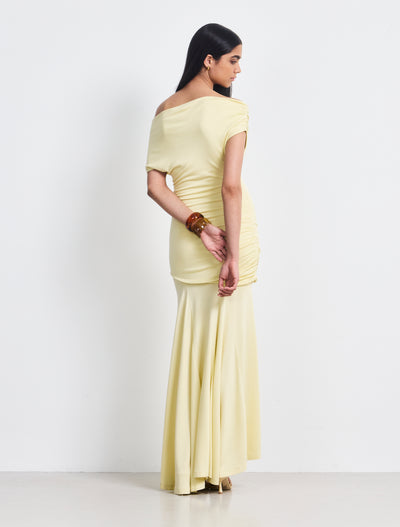 Lulu Asym Sleeve Tee Column Dress With Asym Ruchng In Lemon