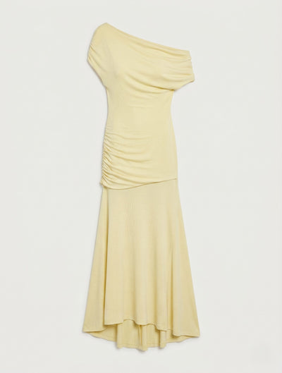 Lulu Asym Sleeve Tee Column Dress With Asym Ruchng In Lemon