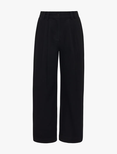 Double pleated black trousers, front view