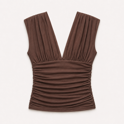 Orla Low V Neck Rouch Side Top In Mocha