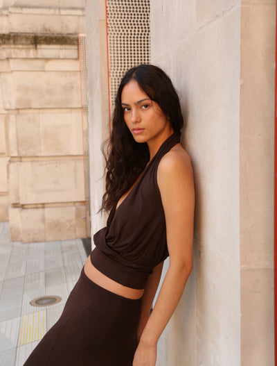 Lenny Wrap Front Halter In Bitter Chocolate