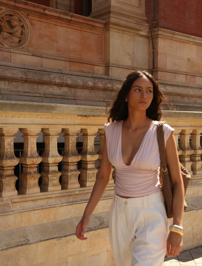 Orla Low V Neck Rouch Side Top In Dusk Pink