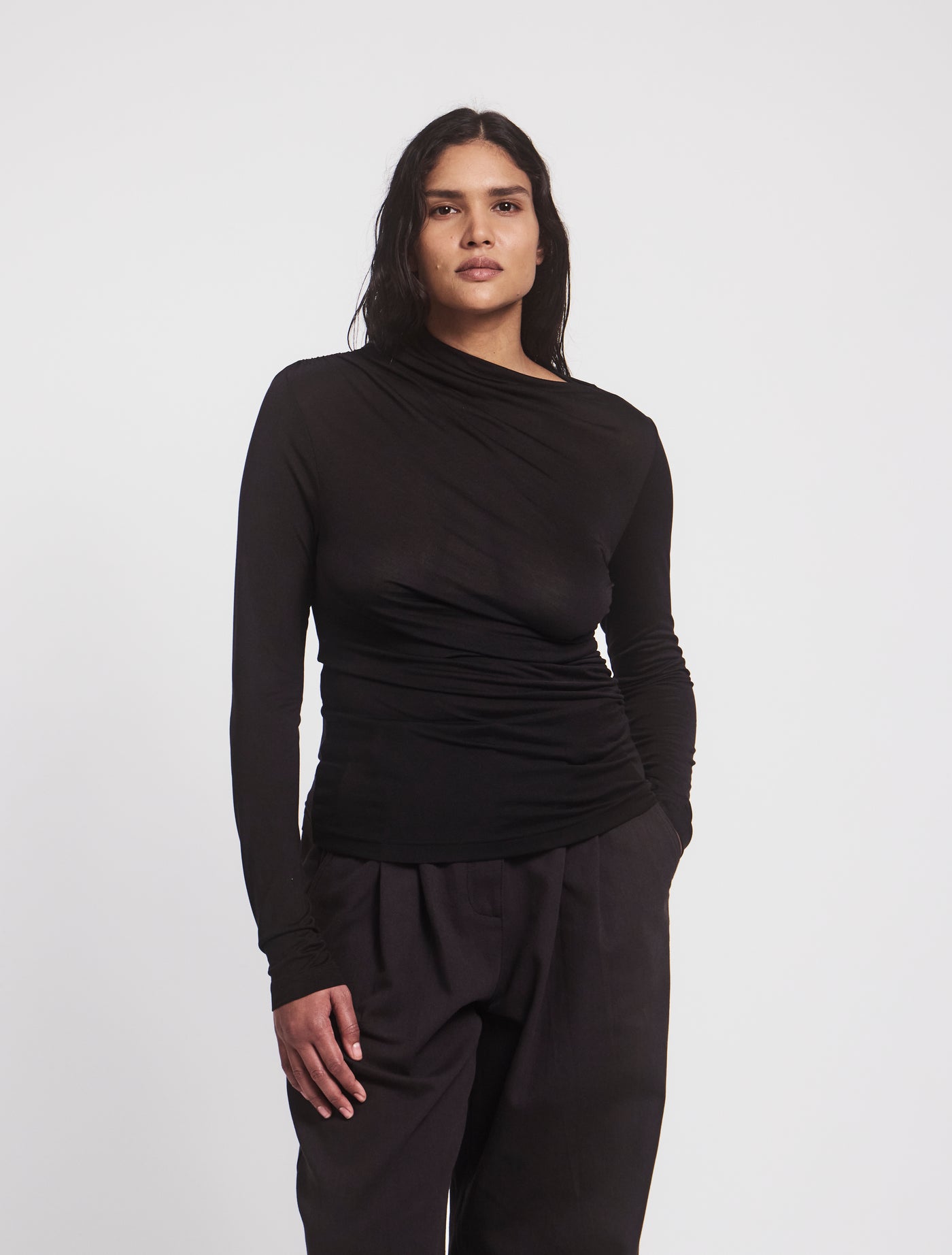 Iphis Draped Long Sleeve Top in Black