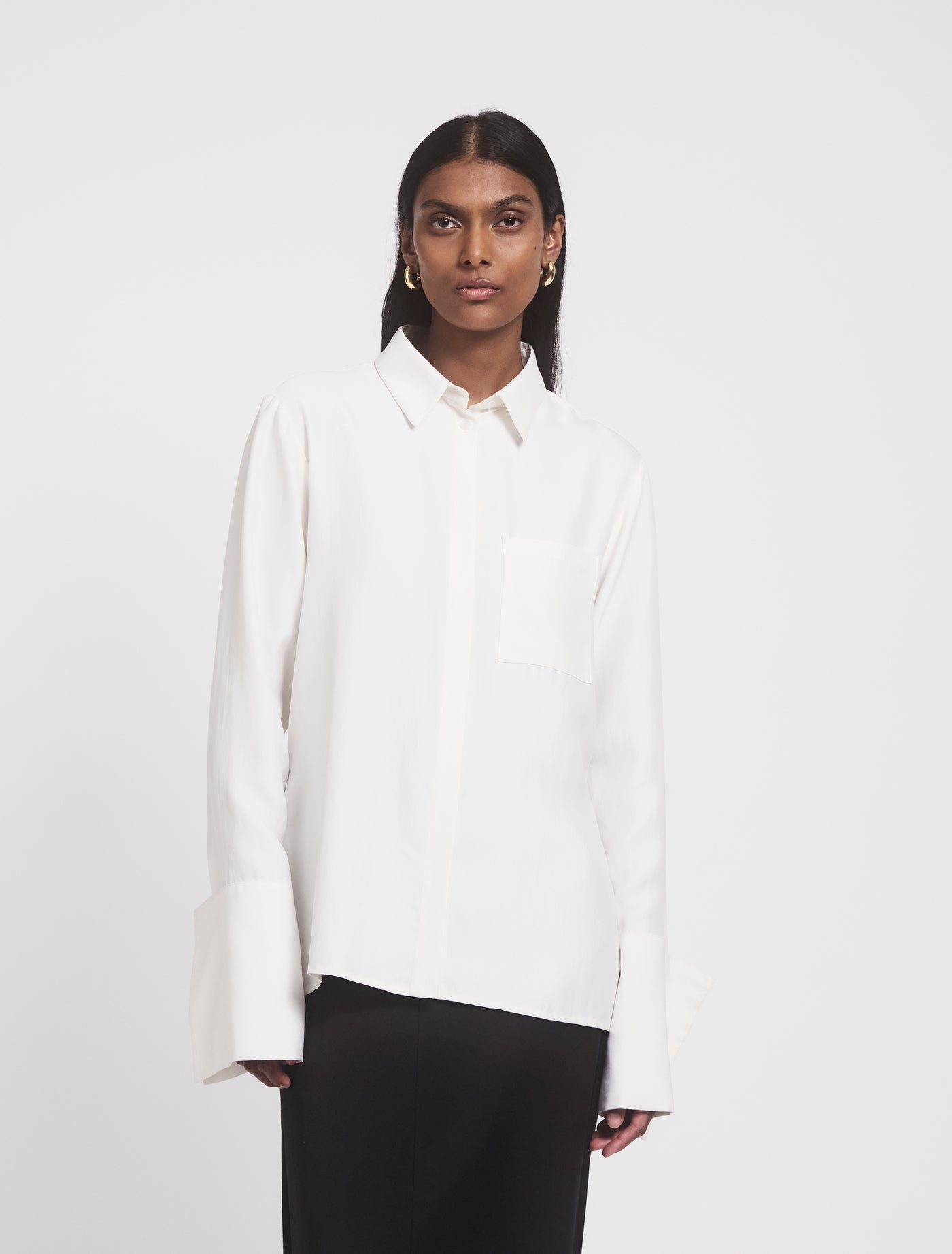 Model wearing Signature Luxe Shirt in White, front view