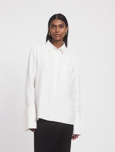 Model wearing Signature Luxe Shirt in White, front view