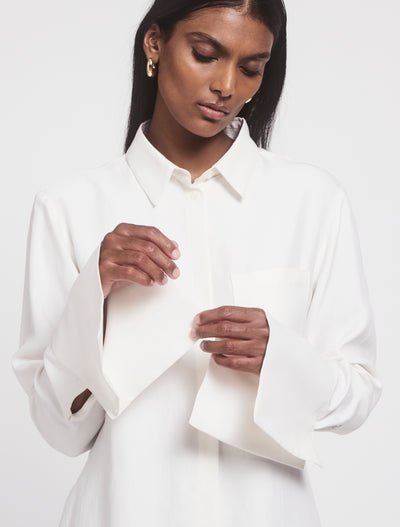 Close-up of Signature Luxe Shirt in White, sleeve details